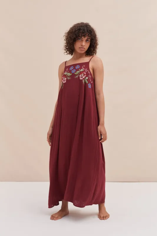 Square Nightie Dorothea Cross Stitch Print Burgundy sold by Desmond & Dempsey