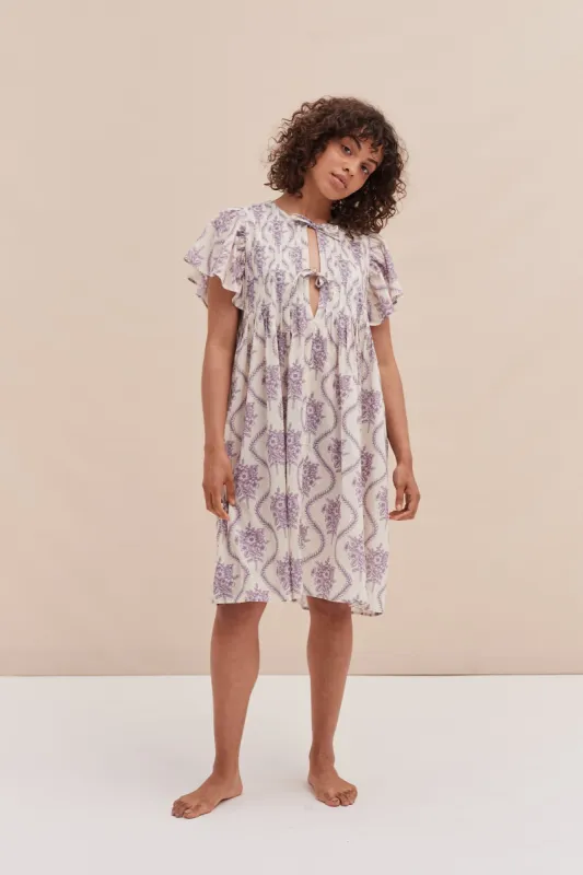Pleated Nightie Alpen Flora Print Cream and Violet sold by Desmond & Dempsey