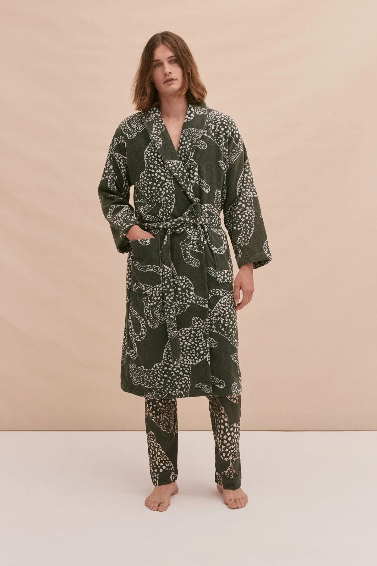 Unisex Towel Robe Jag Print Green sold by Desmond & Dempsey