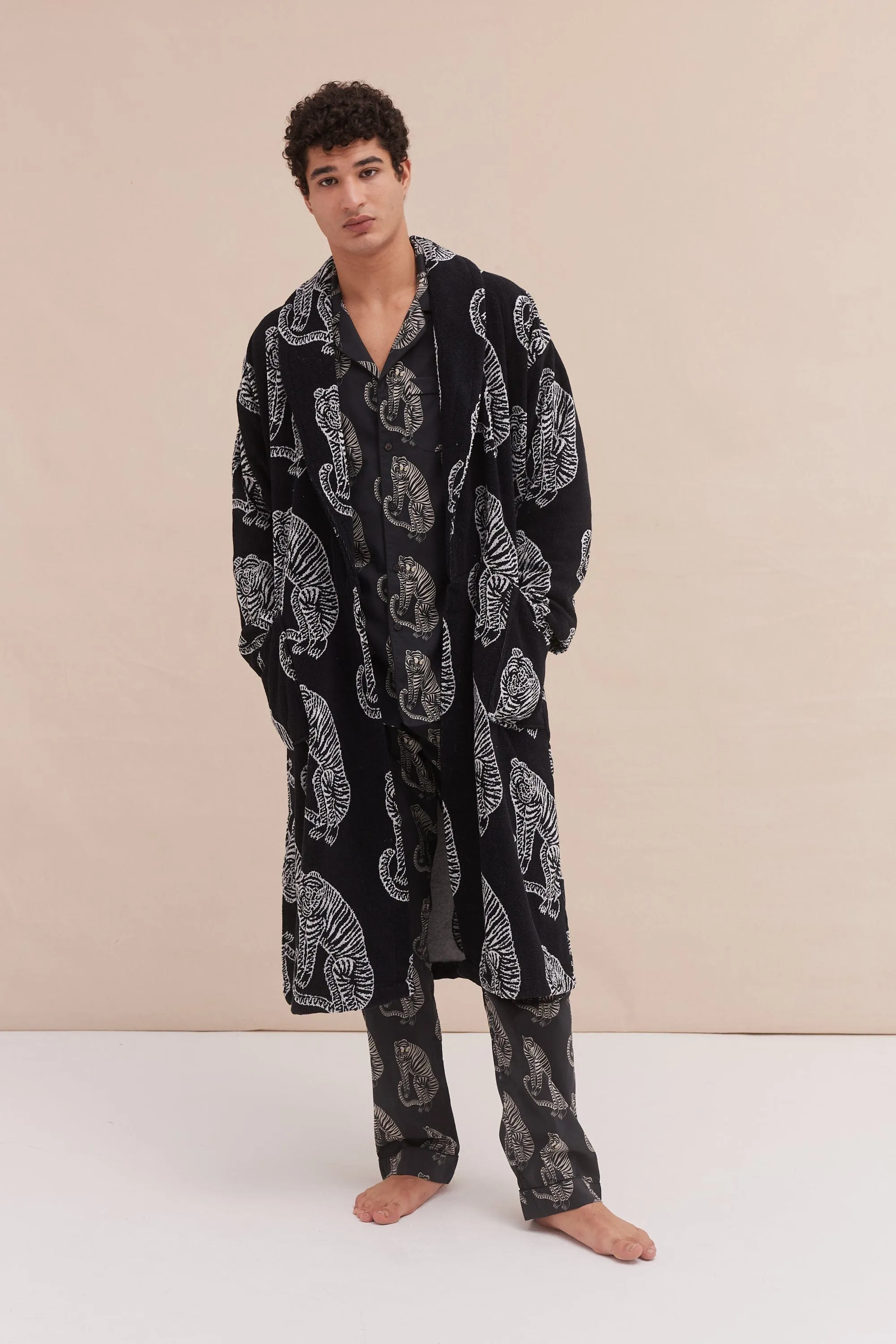 Unisex Towel Robe Sansindo Print Black Cream sold by Desmond & Dempsey