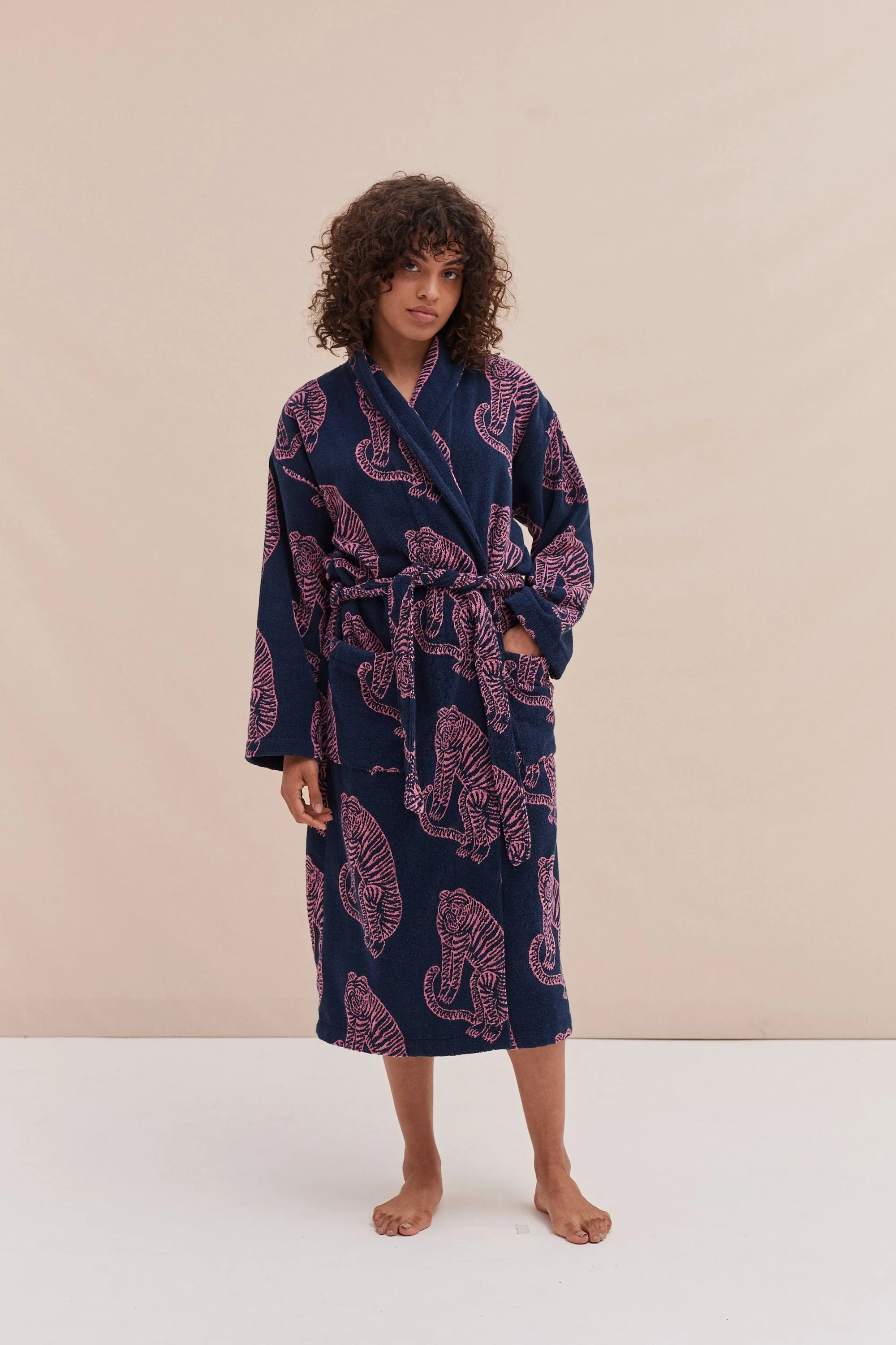 Unisex Towel Robe Sansindo Print Navy Pink sold by Desmond & Dempsey