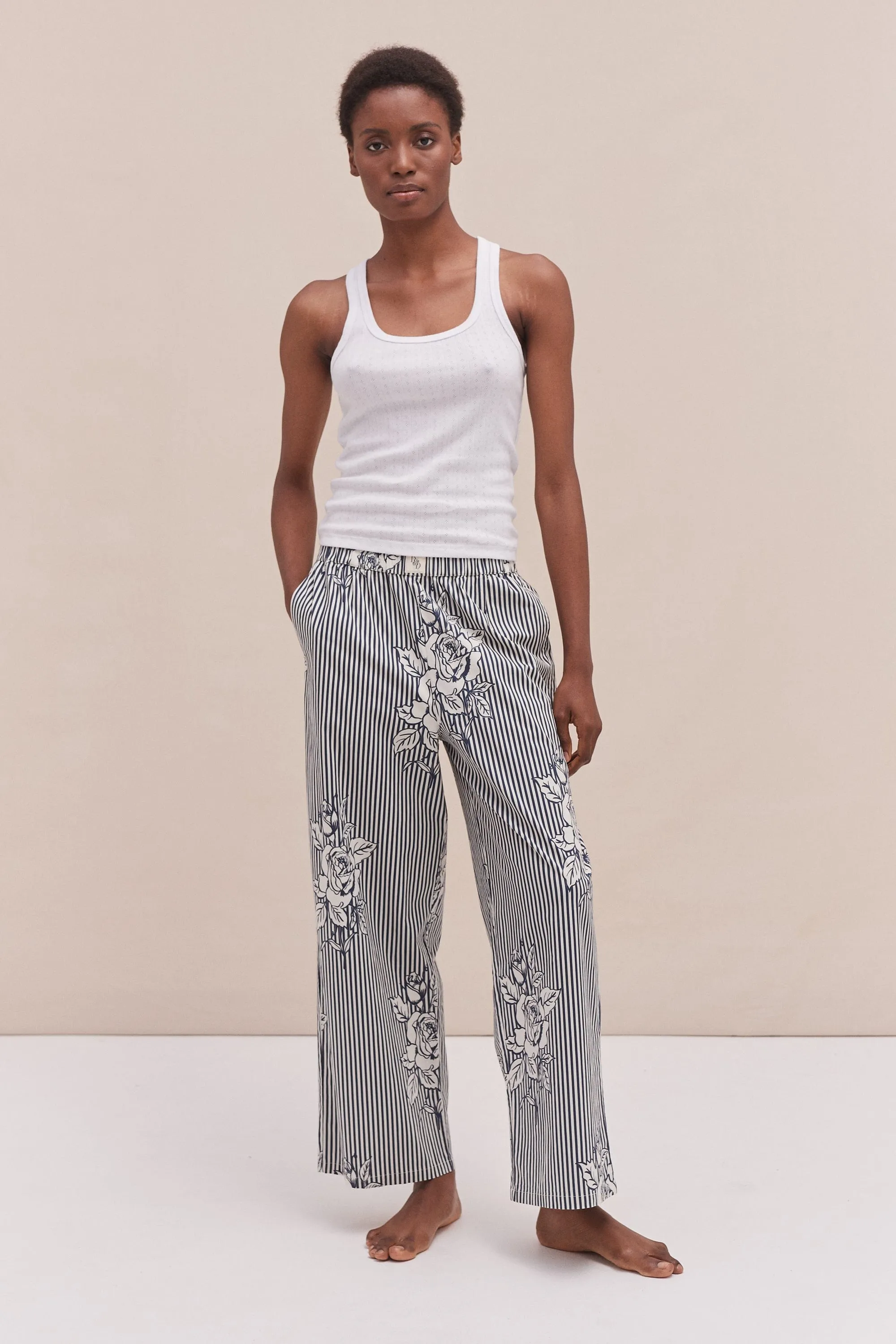 402 Trousers Pinstripe Rose Navy sold by Desmond & Dempsey