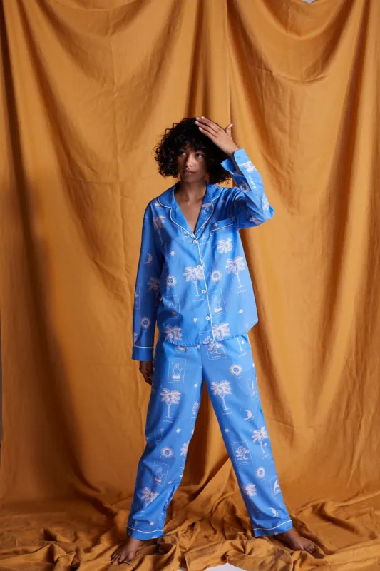 Long Pyjama Set La Loteria Print Blue/Cream sold by Desmond & Dempsey