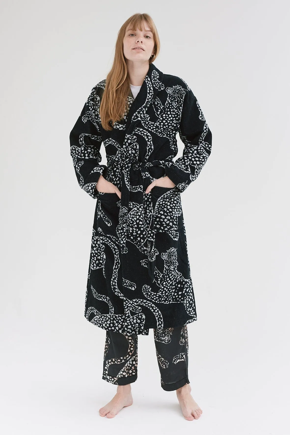 Women's Towel Robe Jag Print Navy sold by Desmond & Dempsey