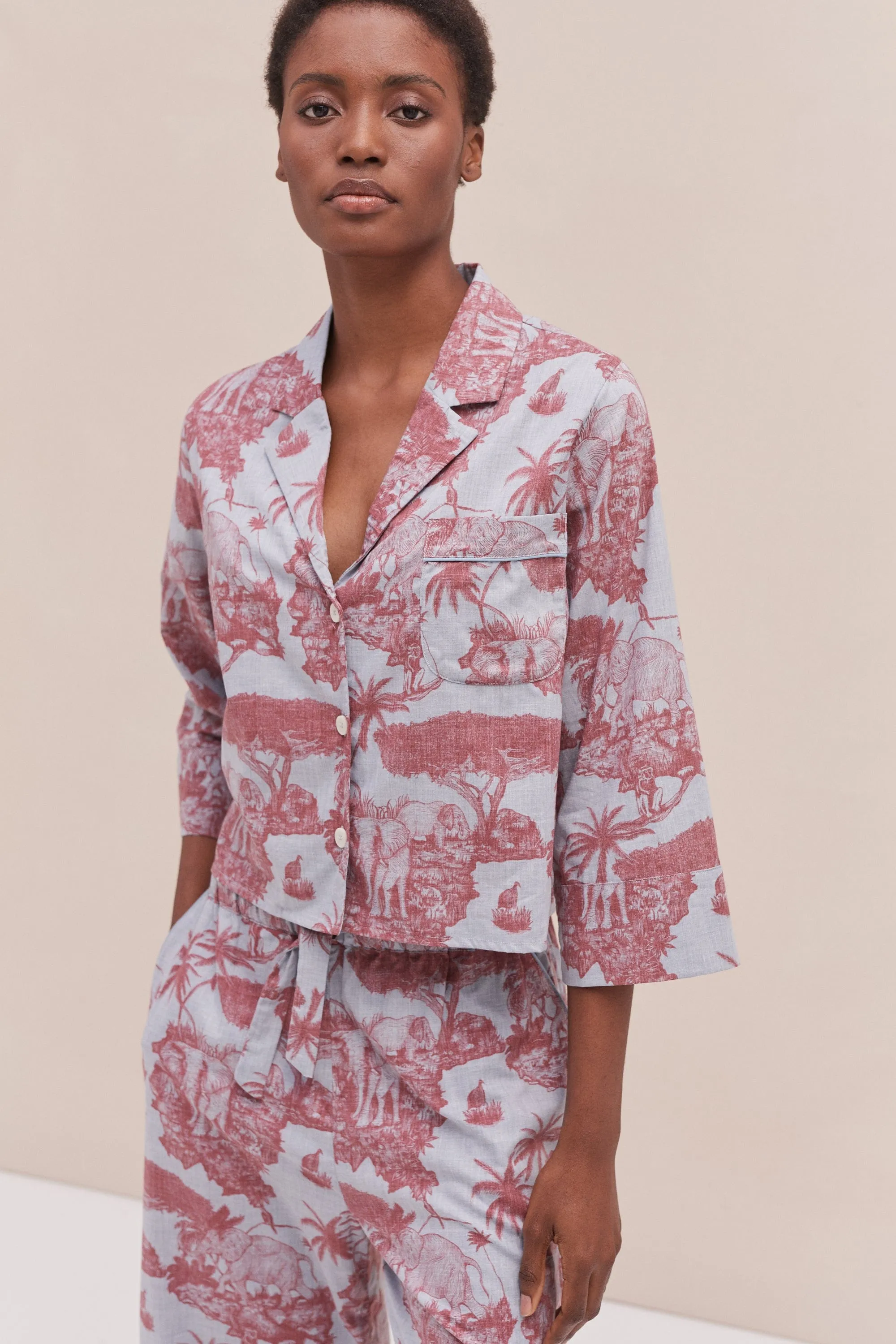 Boxy Shirt and Wide Leg Trouser Set Loxodonta Print Chambray/Red sold by Desmond & Dempsey product image thumbnail 4