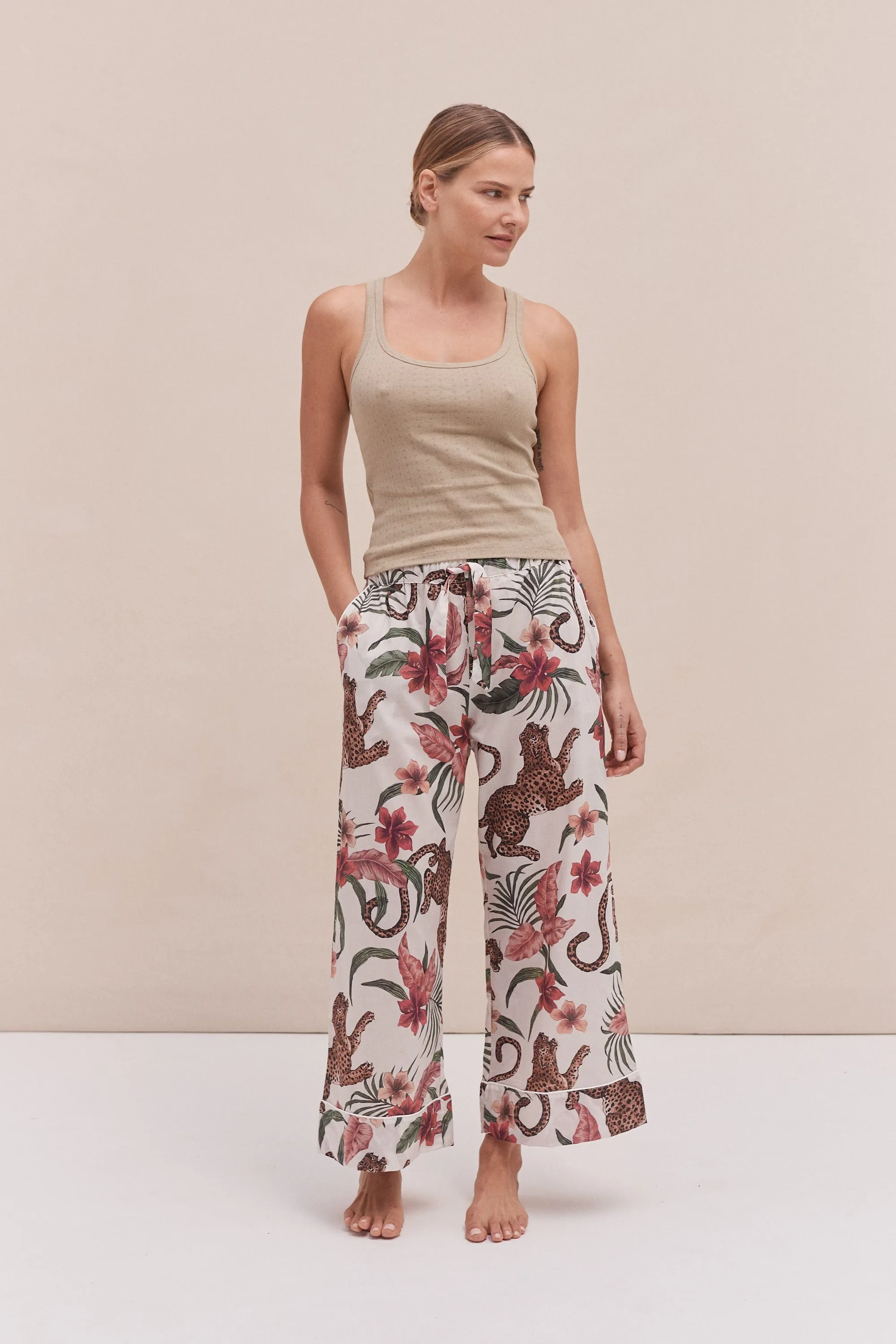 Tank Top & Wide Leg Trouser Set Khaki/Soleia Print Cream sold by Desmond & Dempsey