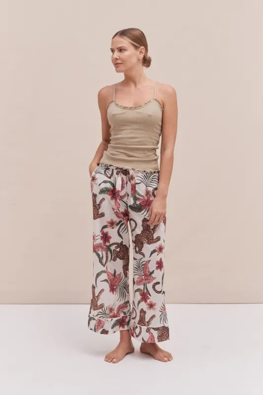 Soft V Tank Top & Wide Leg Trouser Set Khaki/Soleia Print Cream sold by Desmond & Dempsey