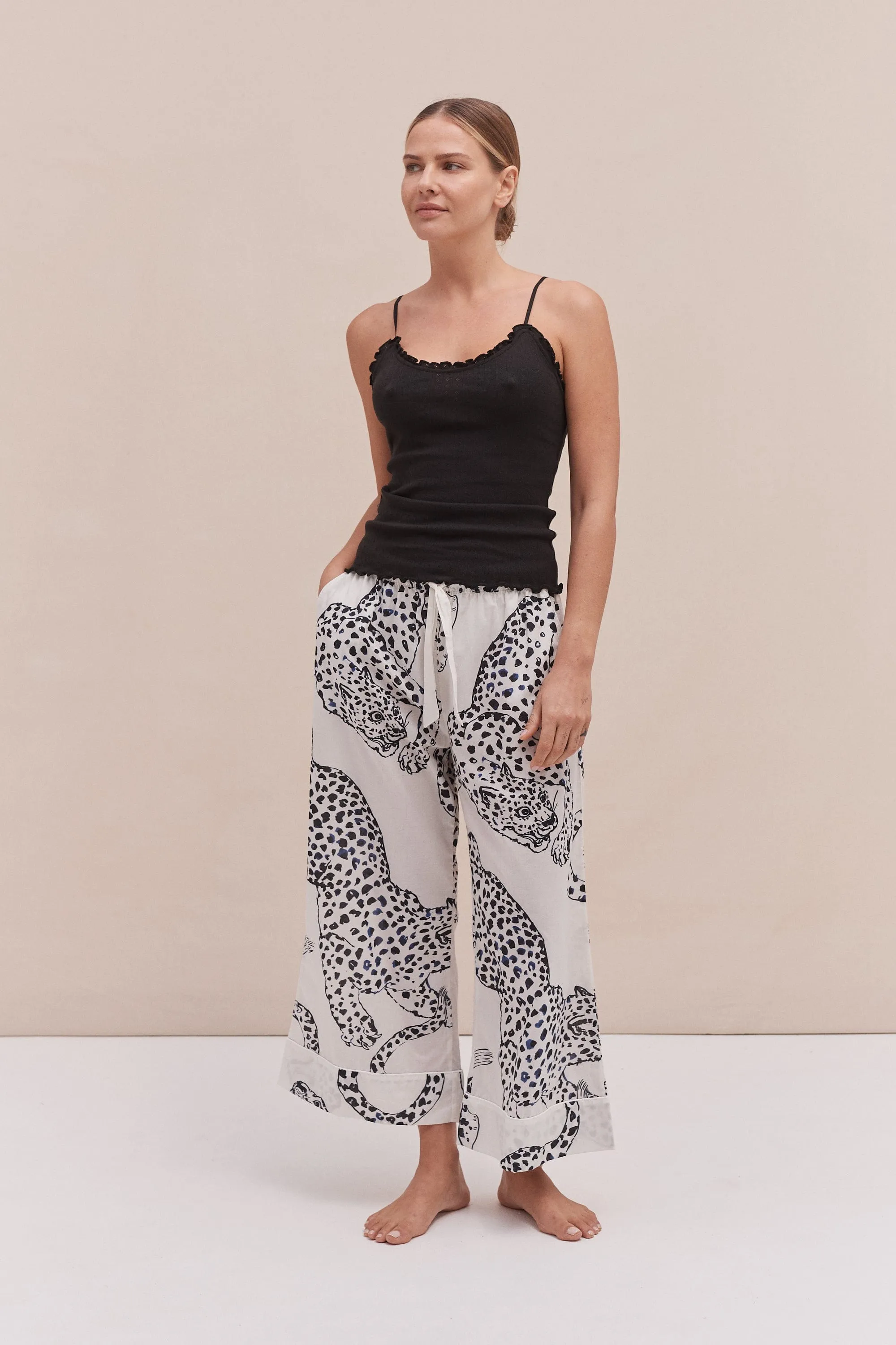 Soft V Tank Top & Wide Leg Trouser Set Black/The Jag Print Cream sold by Desmond & Dempsey