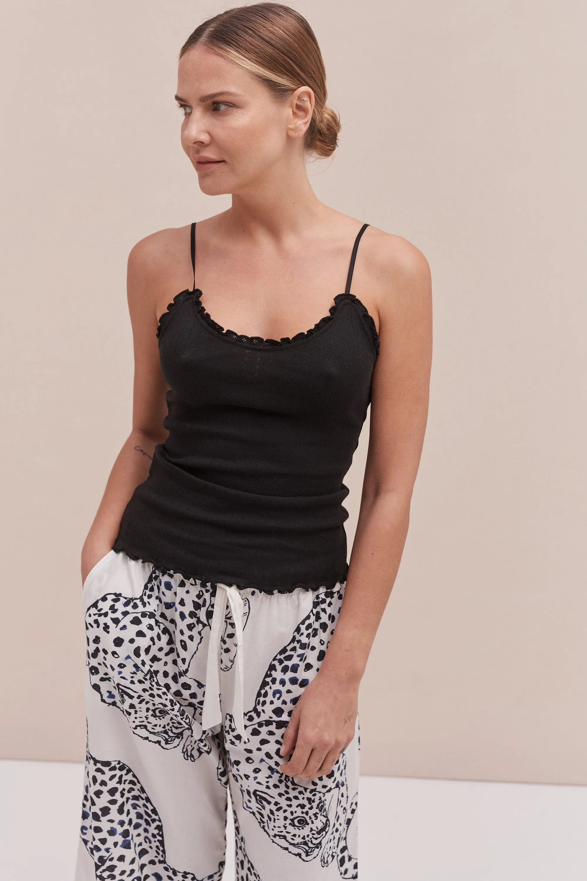 Soft V Tank Top & Wide Leg Trouser Set Black/The Jag Print Cream sold by Desmond & Dempsey product image thumbnail 4