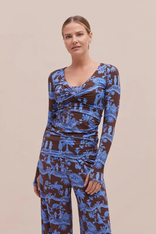 Lyocell Jersey Twist Top A Laced Dream Espresso/Blue sold by Desmond & Dempsey