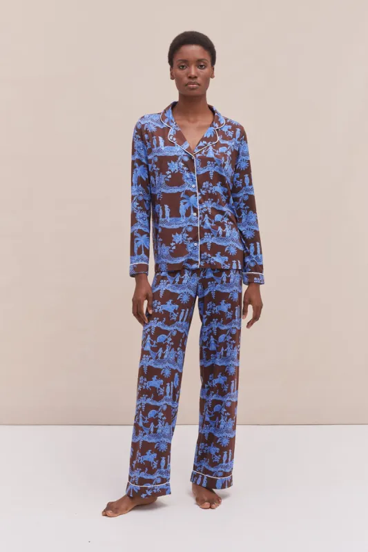 Lyocell Jersey Long Pyjama Set Lace Espresso/Ice Blue sold by Desmond & Dempsey