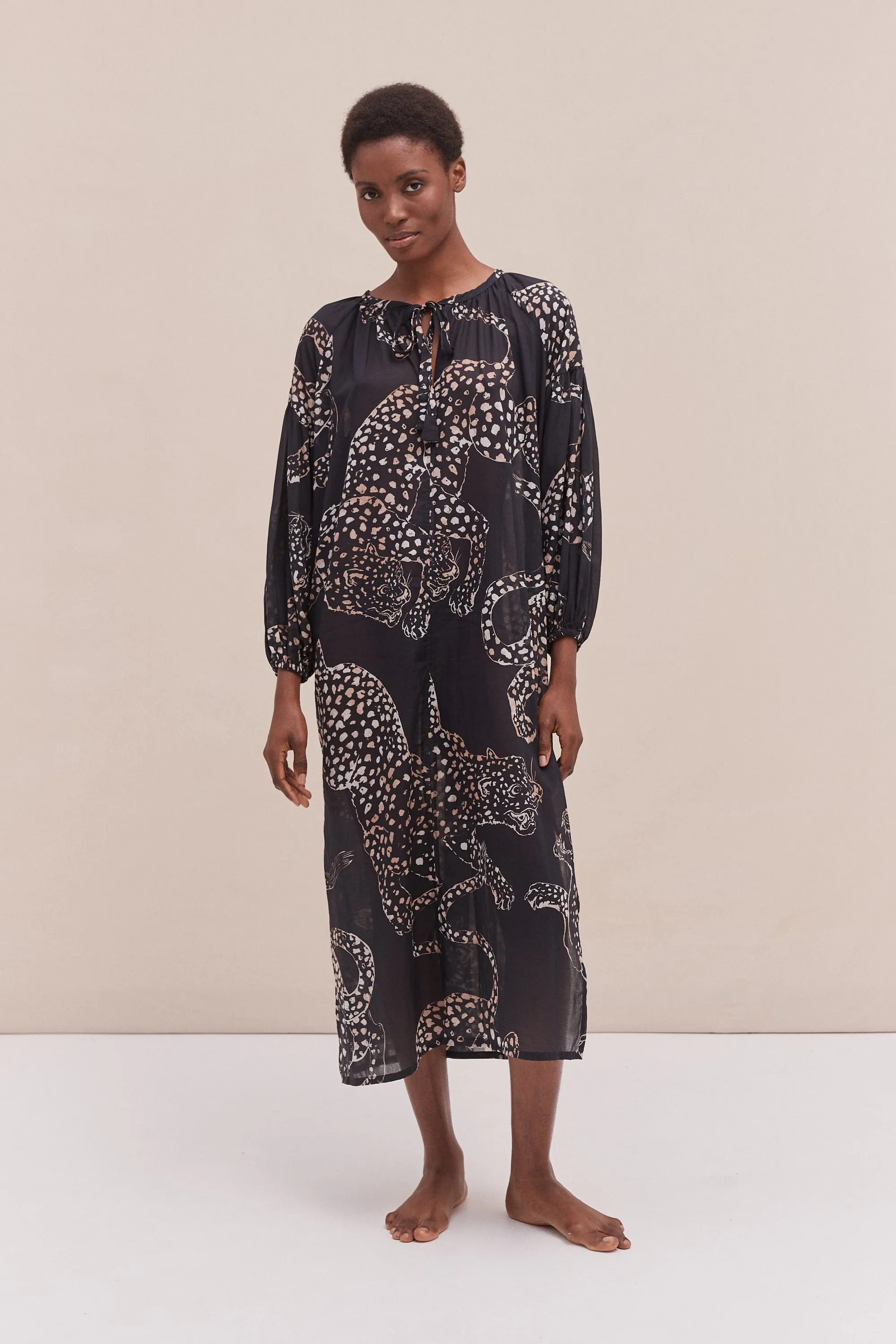 Blouson Sleeve Kaftan The Jag Print Navy sold by Desmond & Dempsey