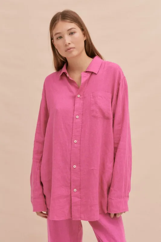 BV Lounge Shirt Cerise Pink Linen sold by Desmond & Dempsey