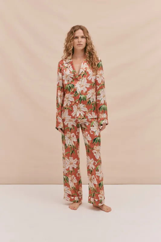 BV Silk Long Pyjama Set Lilium Print Red sold by Desmond & Dempsey