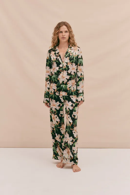 BV Silk Long Pyjama Set Lilium Print Black sold by Desmond & Dempsey