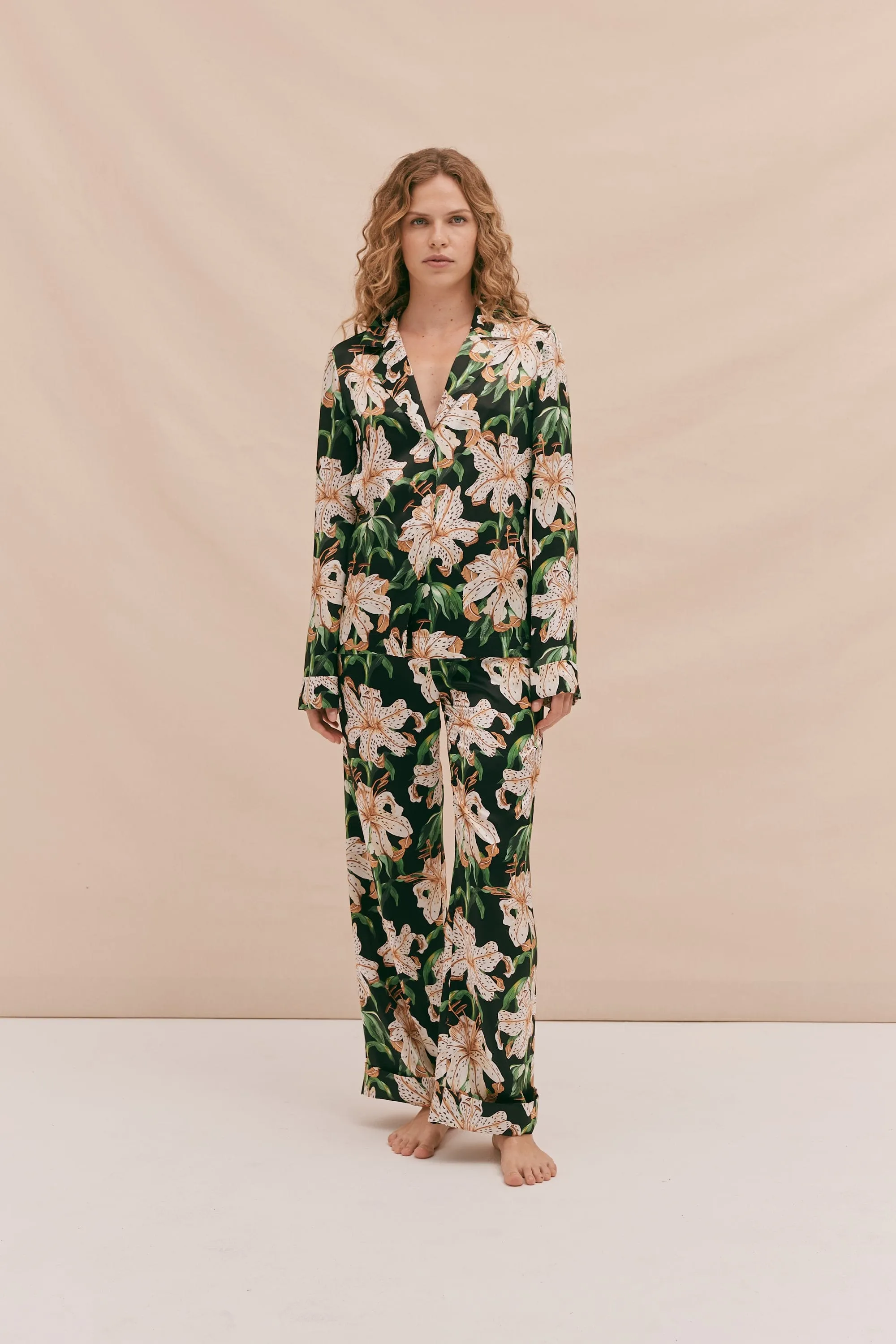 BV Silk Long Pyjama Set Lilium Print Black sold by Desmond & Dempsey