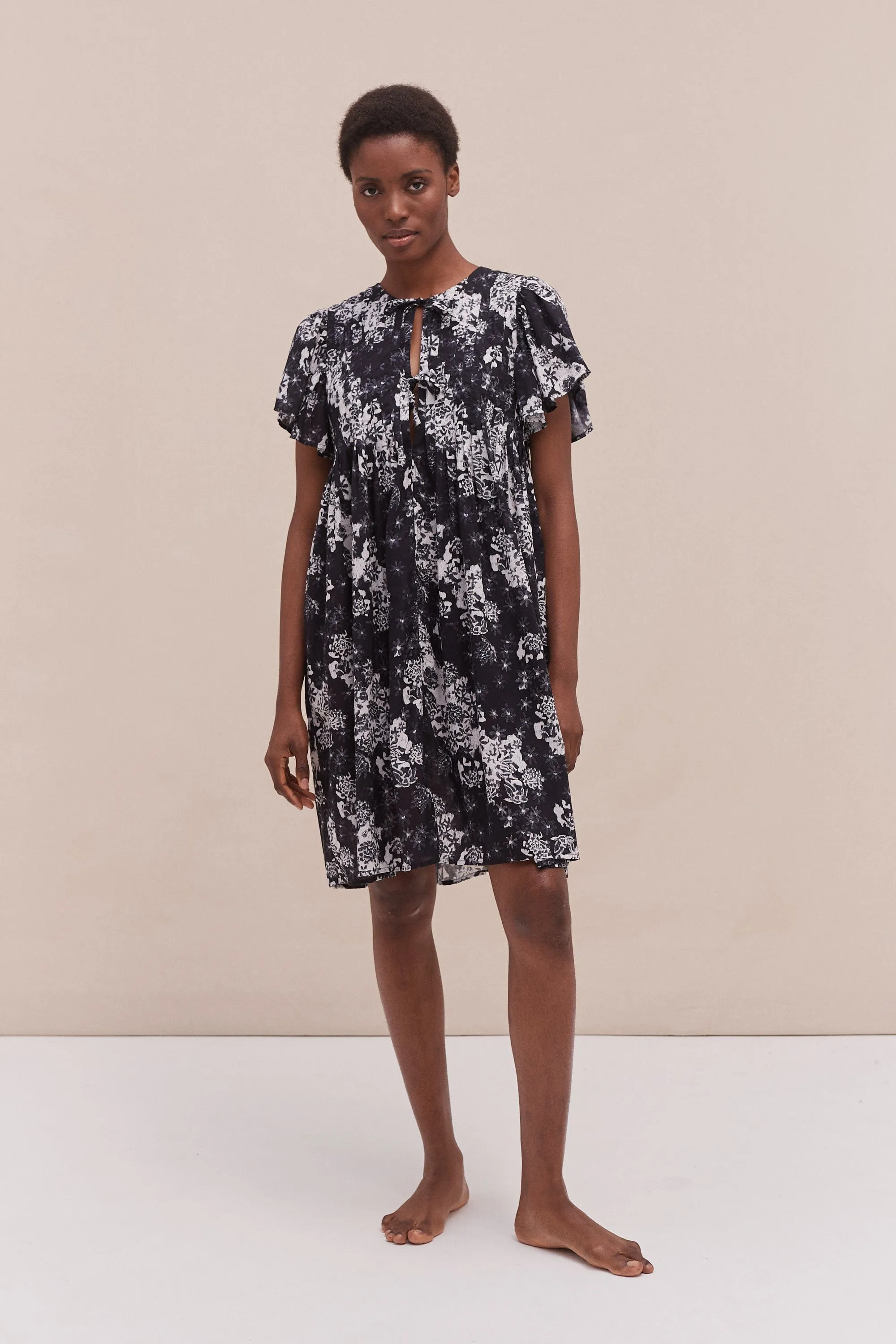 Pleated Nightie Flowers Of Time Print Black sold by Desmond & Dempsey