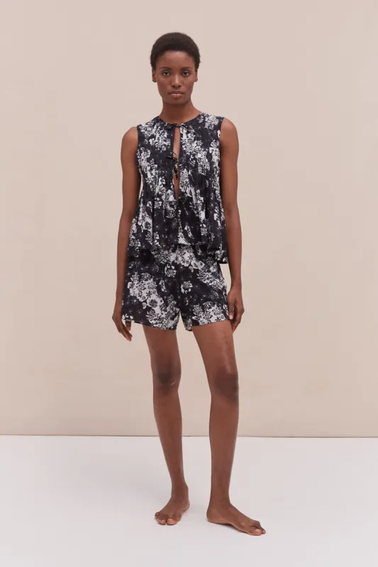 Pleated Cami Top and Shorts Set Flowers Of Time Print Black sold by Desmond & Dempsey