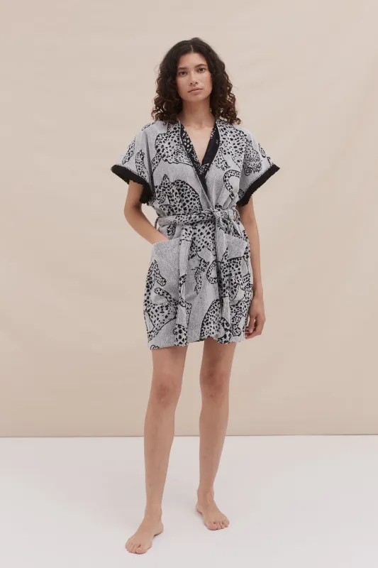 Short Towel Robe The Jag Print Cream sold by Desmond & Dempsey