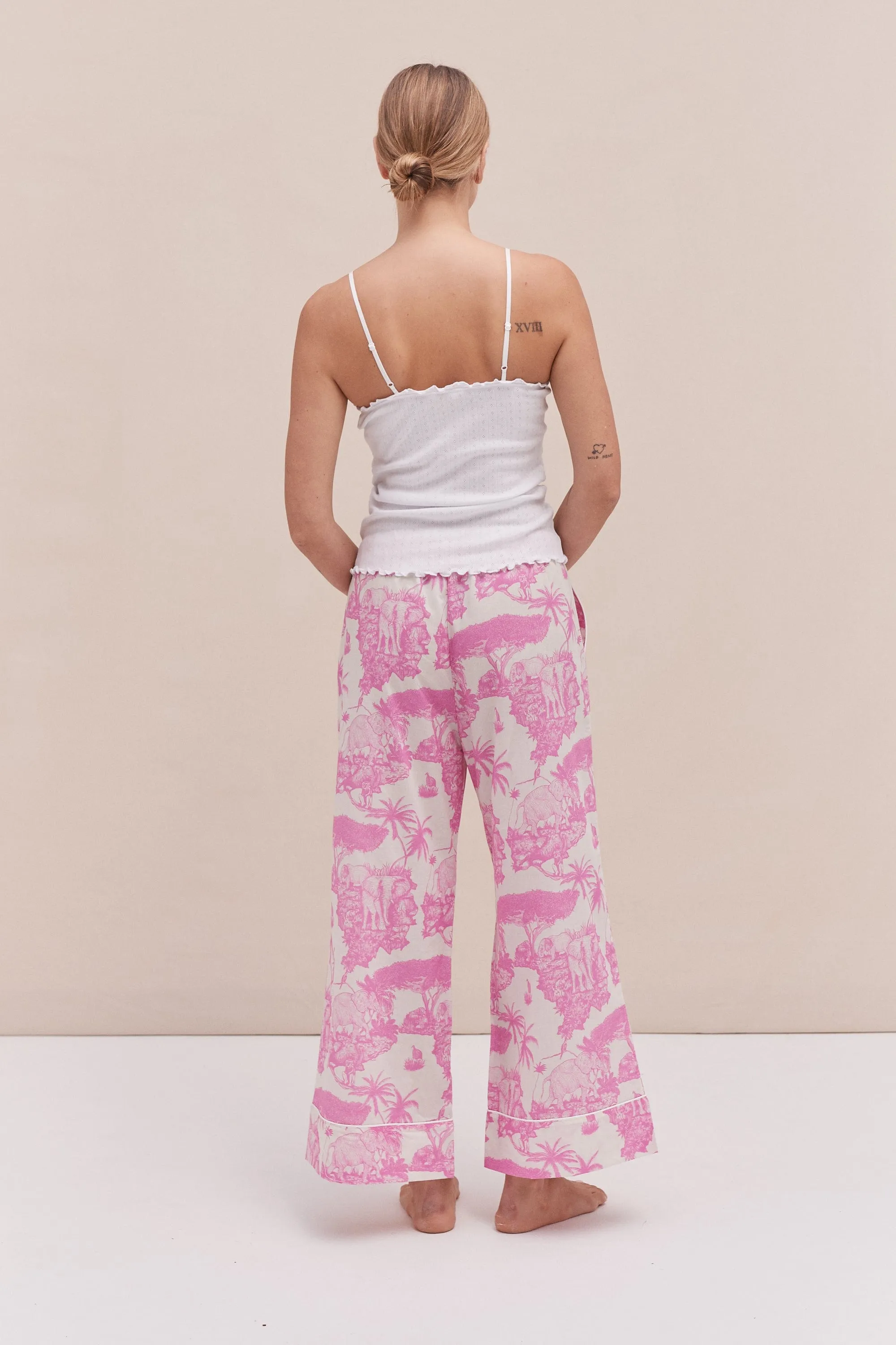 Soft V Tank Top & Wide Leg Trouser Set White/Loxodonta Print Pink sold by Desmond & Dempsey product image thumbnail 3