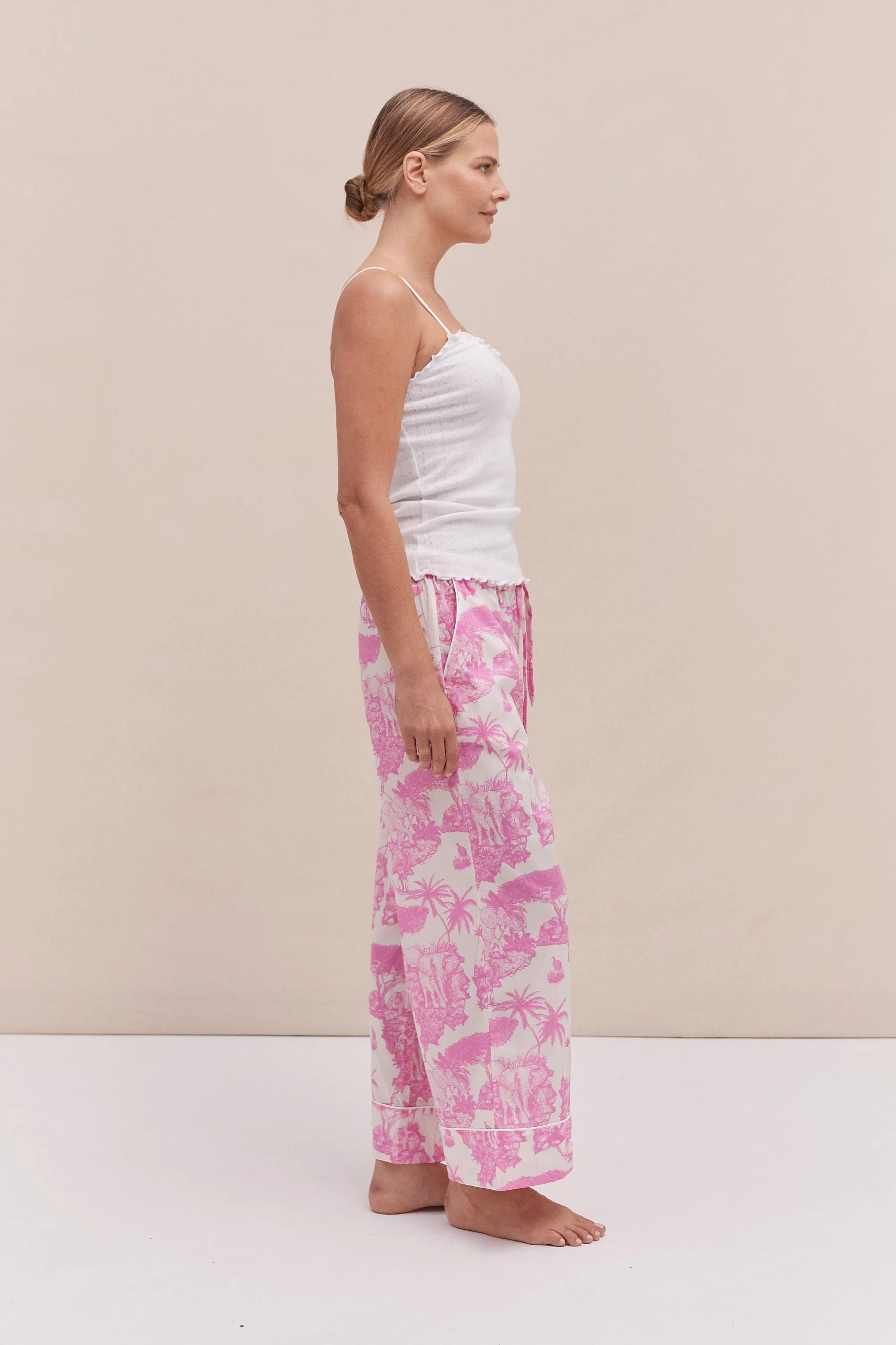 Soft V Tank Top & Wide Leg Trouser Set White/Loxodonta Print Pink sold by Desmond & Dempsey product image thumbnail 2