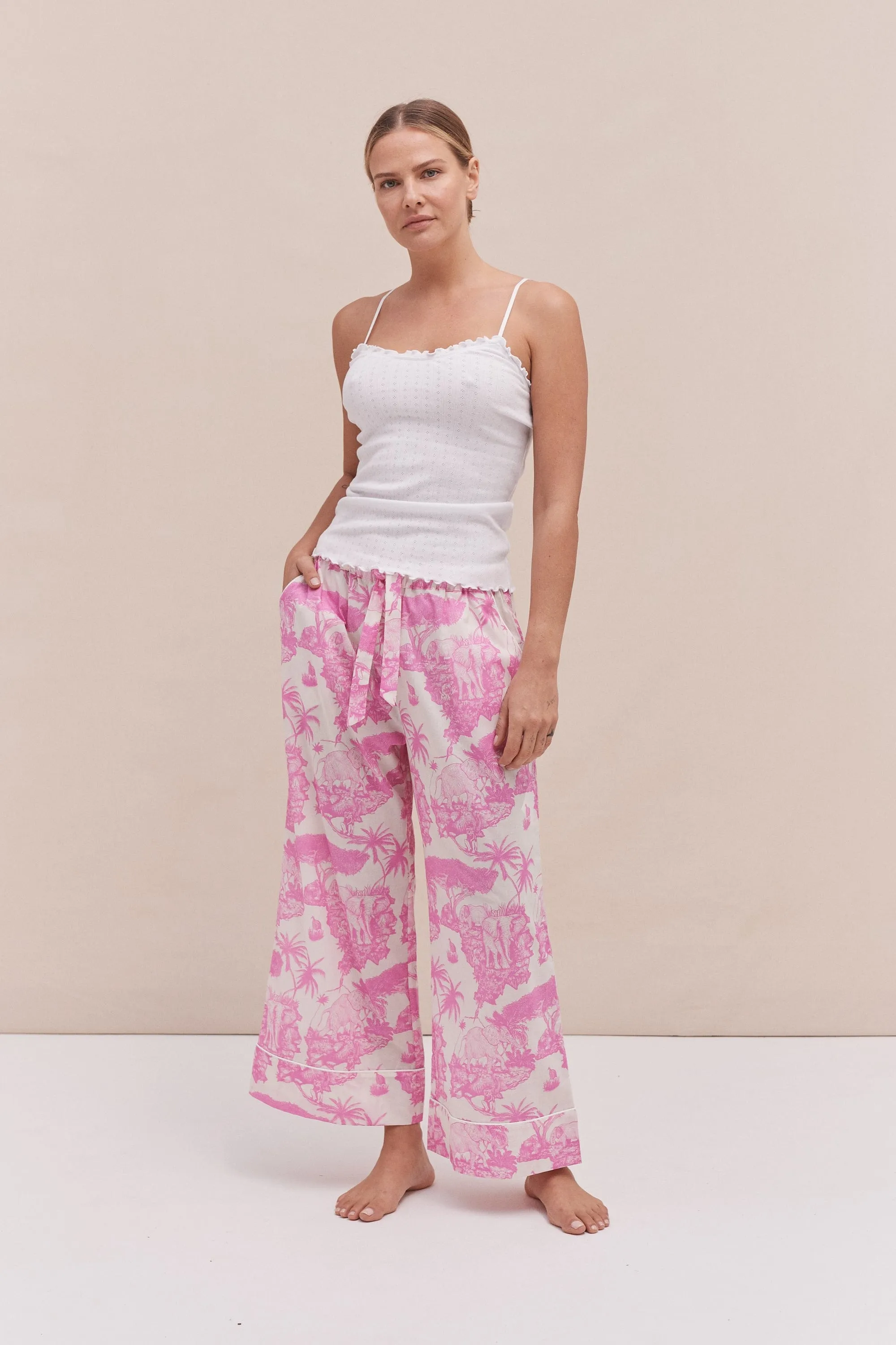 Soft V Tank Top & Wide Leg Trouser Set White/Loxodonta Print Pink sold by Desmond & Dempsey