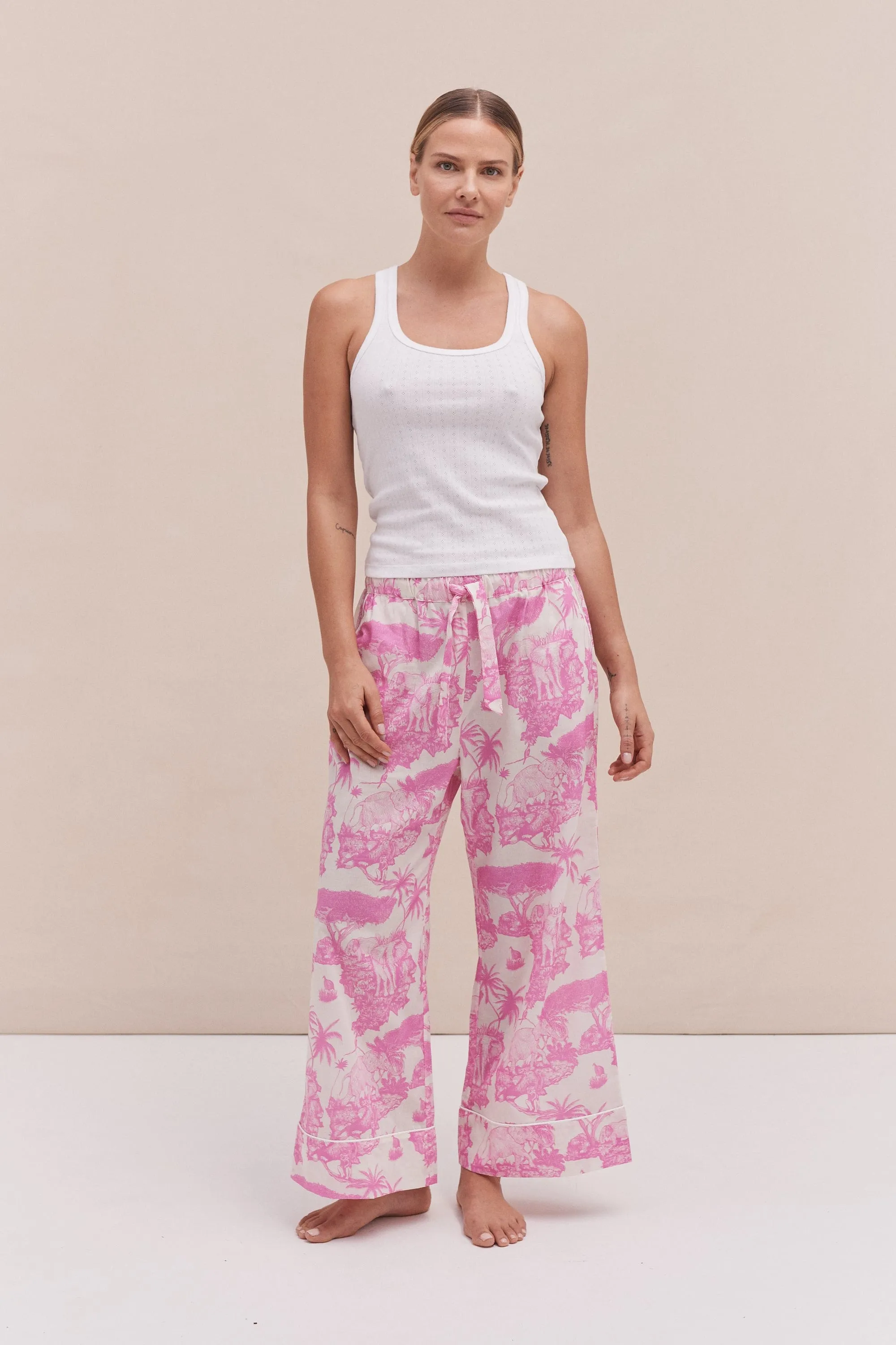 Tank Top & Wide Leg Trouser Set White/Loxodonta Print Pink sold by Desmond & Dempsey