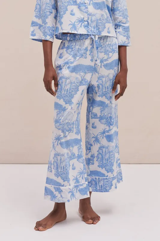 Wide Leg Pyjama Trousers Loxodonta Print Blue sold by Desmond & Dempsey