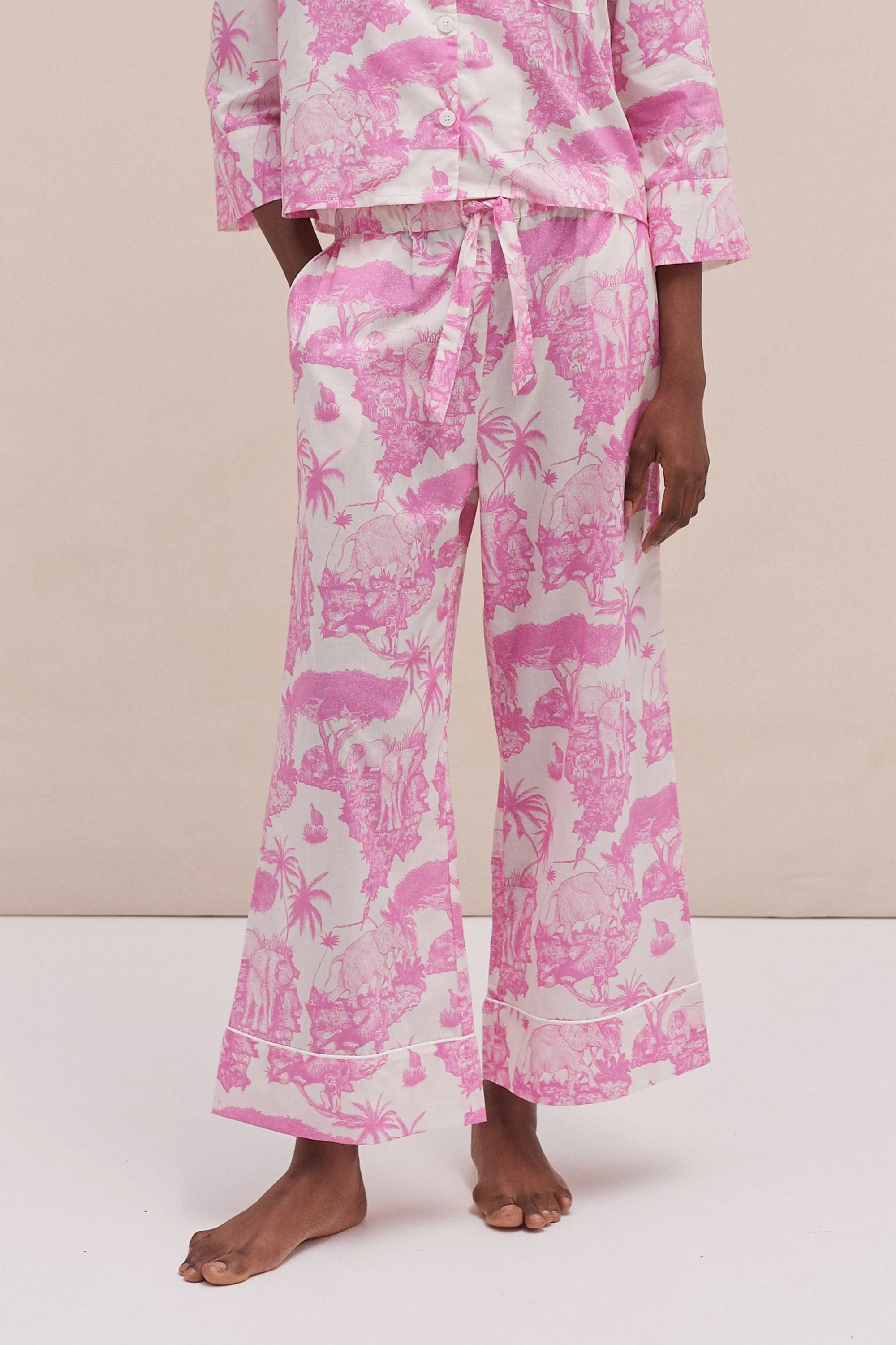 Wide Leg Pyjama Trousers Loxodonta Print Pink sold by Desmond & Dempsey