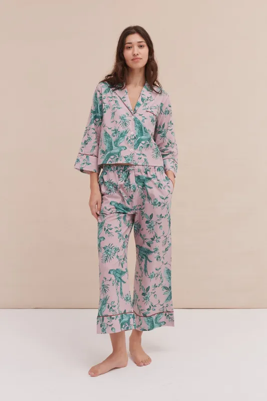 Boxy Shirt and Wide Leg Trouser Set The Bromley Parrot Print Pink/Blue sold by Desmond & Dempsey