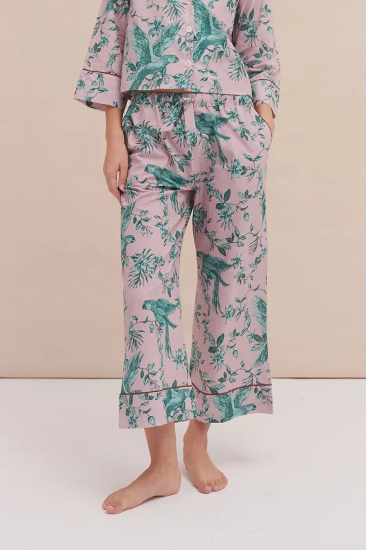 Wide Leg Pyjama Trousers The Bromley Parrot Print Pink/Blue sold by Desmond & Dempsey