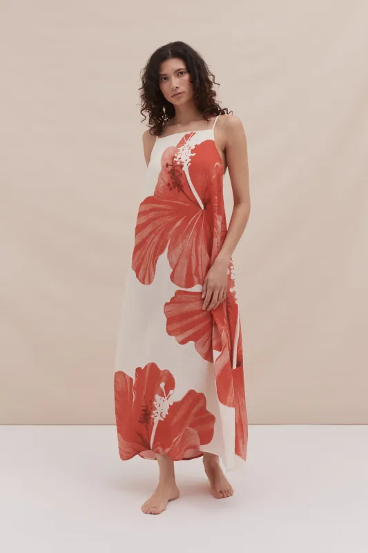 Square Nightie Grand Hibiscus Print Cream/Red Linen sold by Desmond & Dempsey