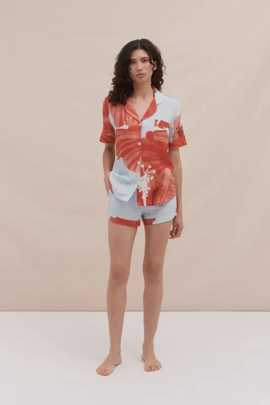 Short Pyjama Set Grand Hibiscus Print Blue/Red Linen sold by Desmond & Dempsey