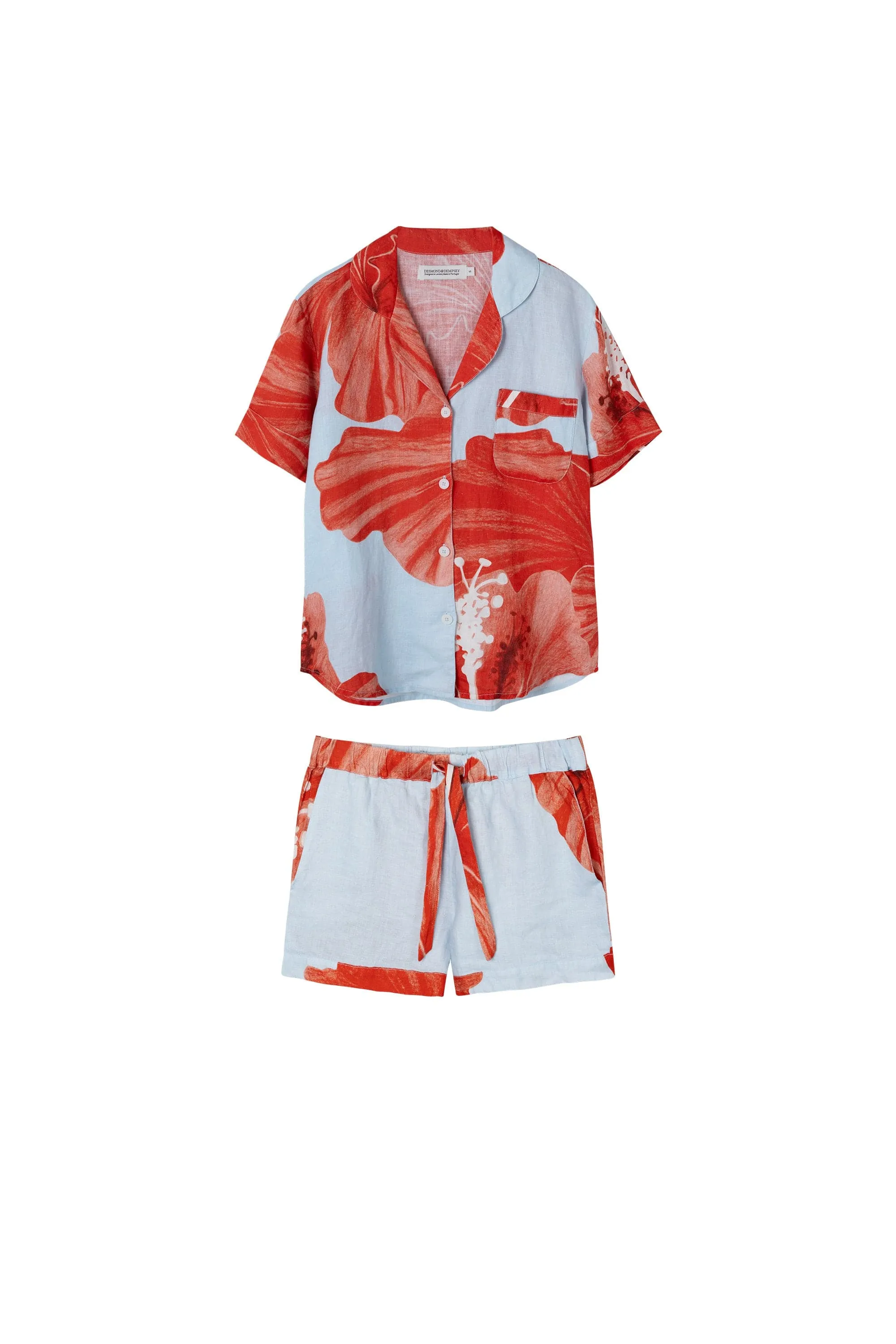 Short Pyjama Set Grand Hibiscus Print Blue/Red Linen sold by Desmond & Dempsey product image thumbnail 5