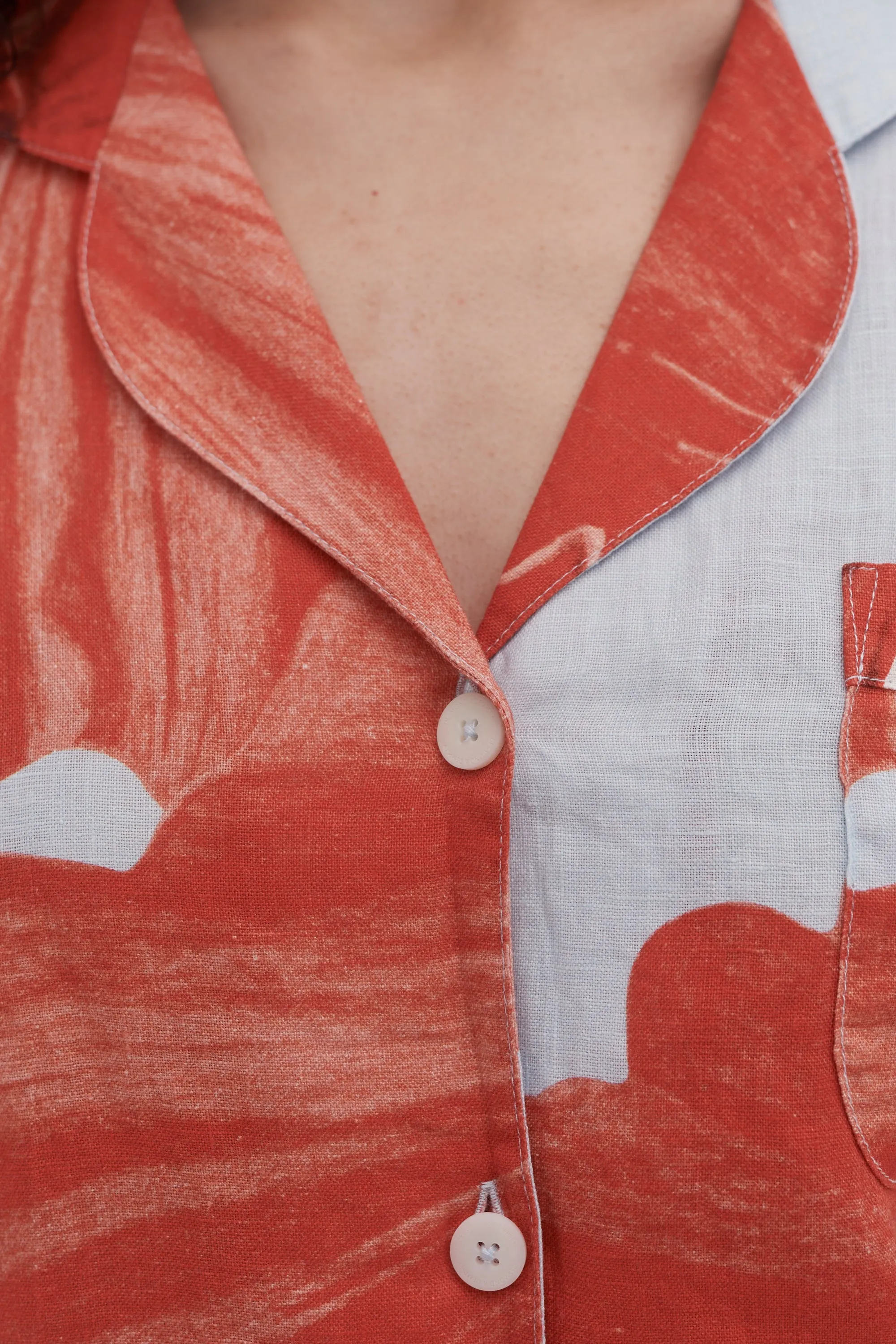 Short Pyjama Set Grand Hibiscus Print Blue/Red Linen sold by Desmond & Dempsey product image thumbnail 4