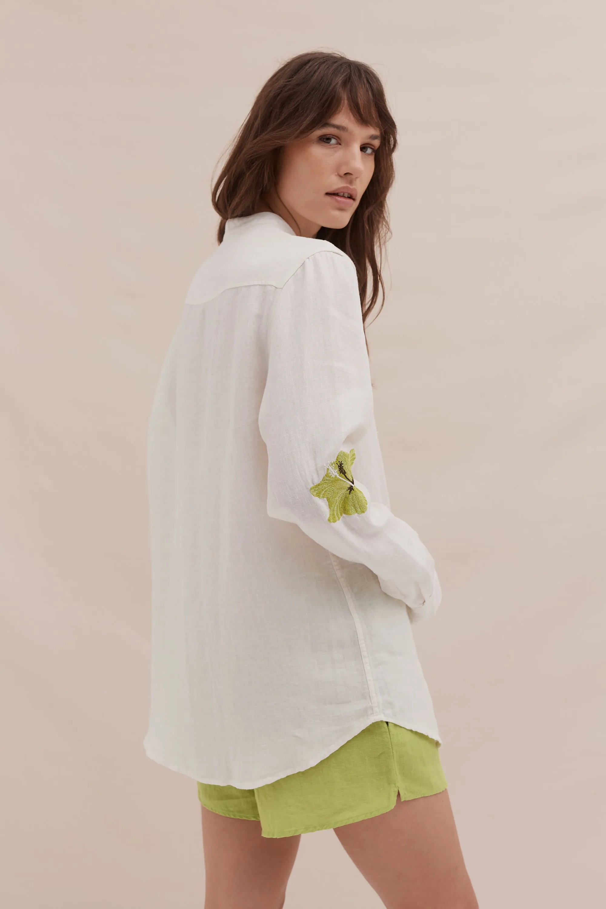 Grandad Collar Shirt & Easy Short Set Embroidered Cream/Lime Linen sold by Desmond & Dempsey product image thumbnail 5