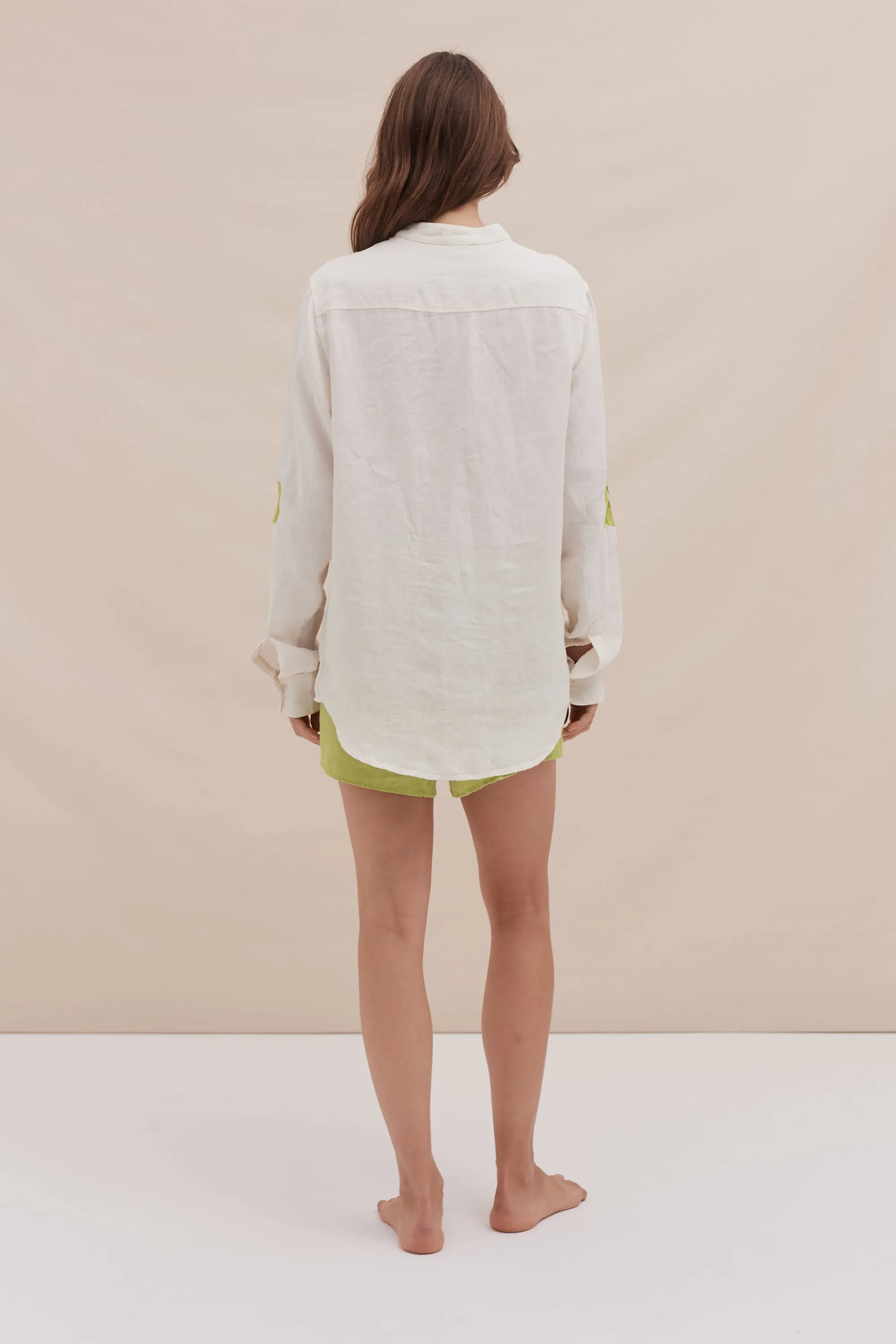 Grandad Collar Shirt & Easy Short Set Embroidered Cream/Lime Linen sold by Desmond & Dempsey product image thumbnail 4