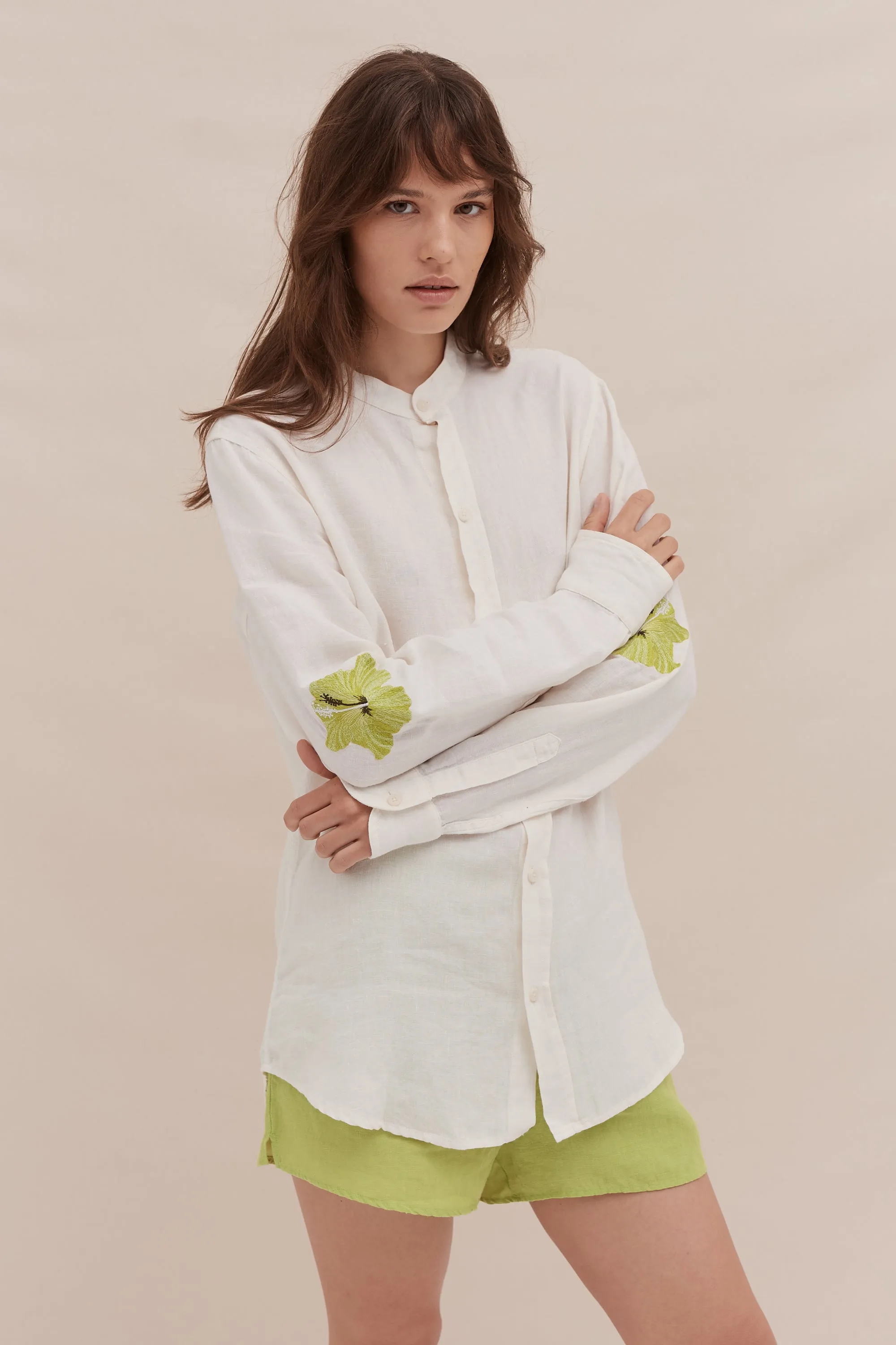 Grandad Collar Shirt & Easy Short Set Embroidered Cream/Lime Linen sold by Desmond & Dempsey product image thumbnail 3