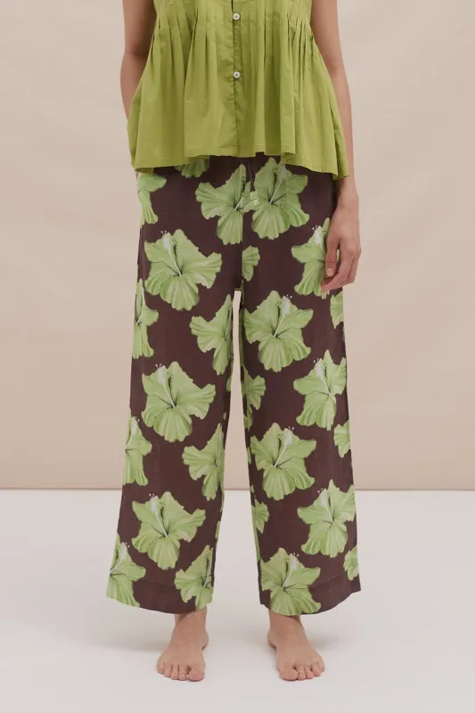 Pocket Set Trousers Grand Hibiscus Cocoa/Lime Linen sold by Desmond & Dempsey