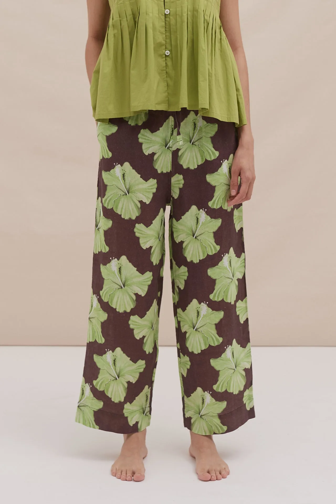 Pocket Set Trousers Grand Hibiscus Cocoa/Lime Linen sold by Desmond & Dempsey