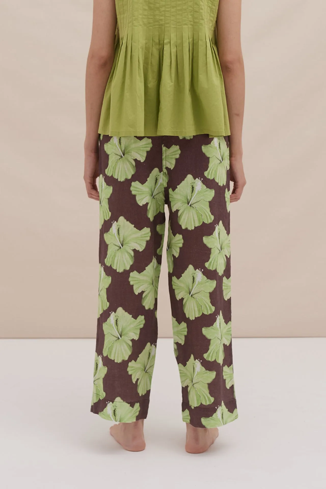 Pocket Set Trousers Grand Hibiscus Cocoa/Lime Linen sold by Desmond & Dempsey product image thumbnail 3