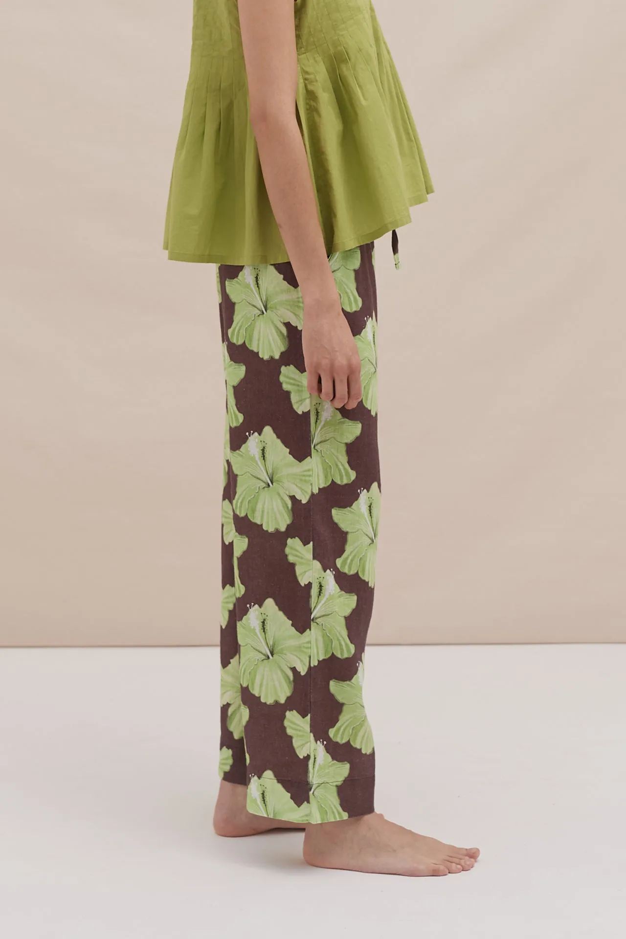 Pocket Set Trousers Grand Hibiscus Cocoa/Lime Linen sold by Desmond & Dempsey product image thumbnail 2