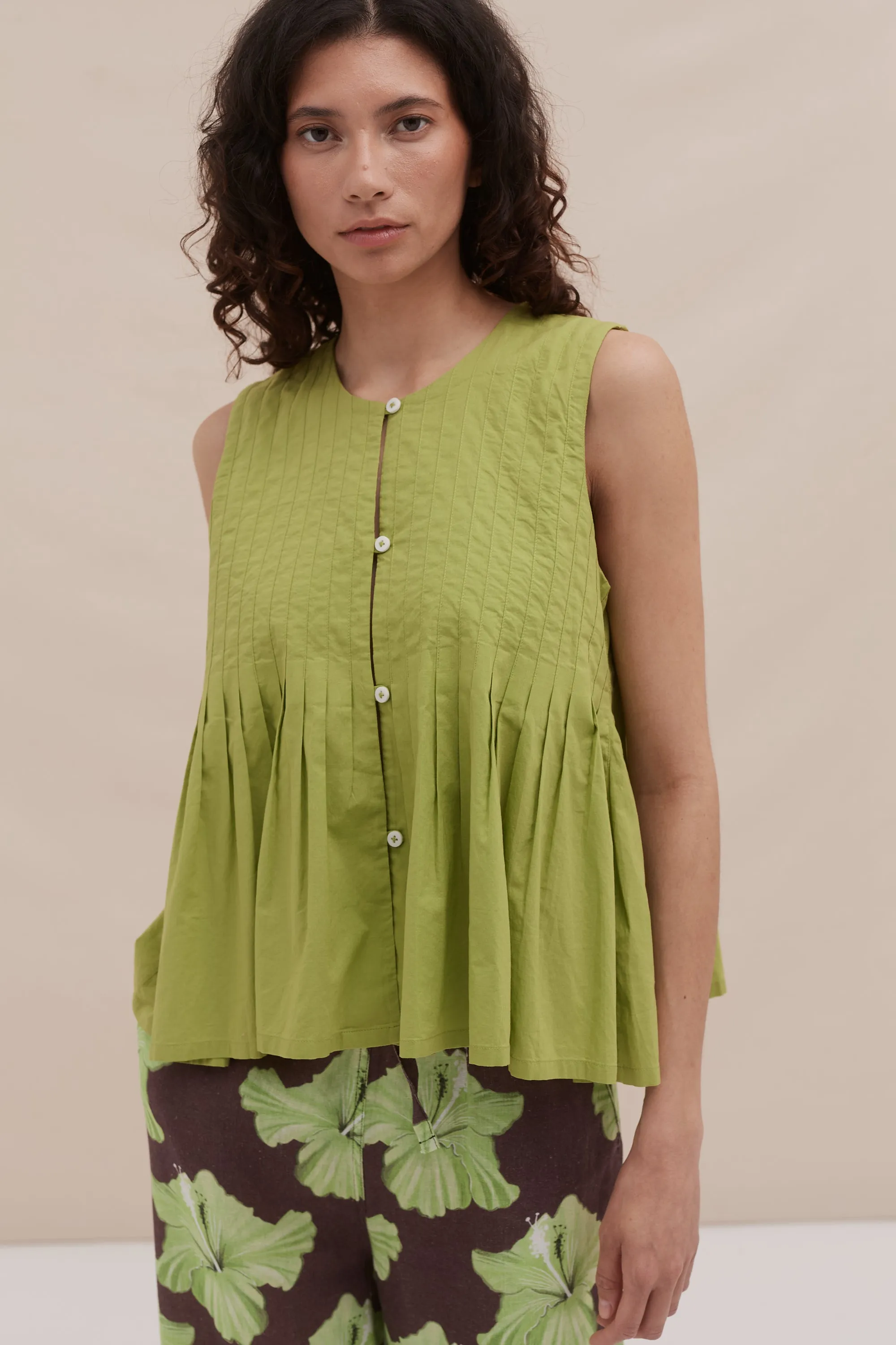 Pleated Cami Top Lime sold by Desmond & Dempsey