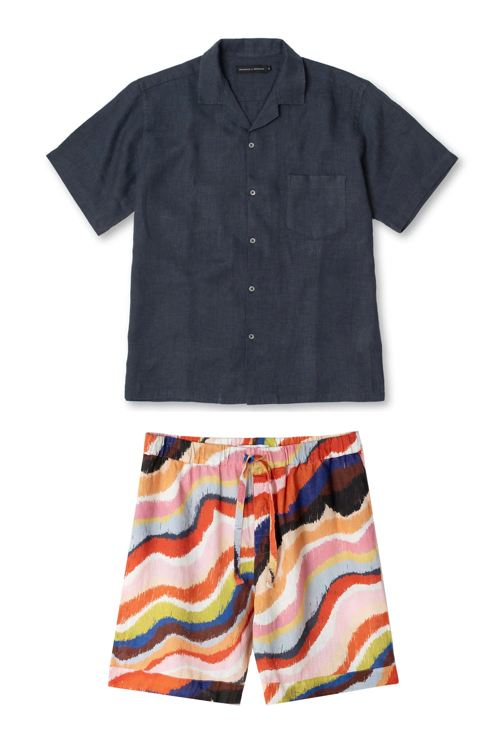 Men's Cuban Pyjama Set Plain/Tide Print Petrol/Multi Linen sold by Desmond & Dempsey product image thumbnail 5