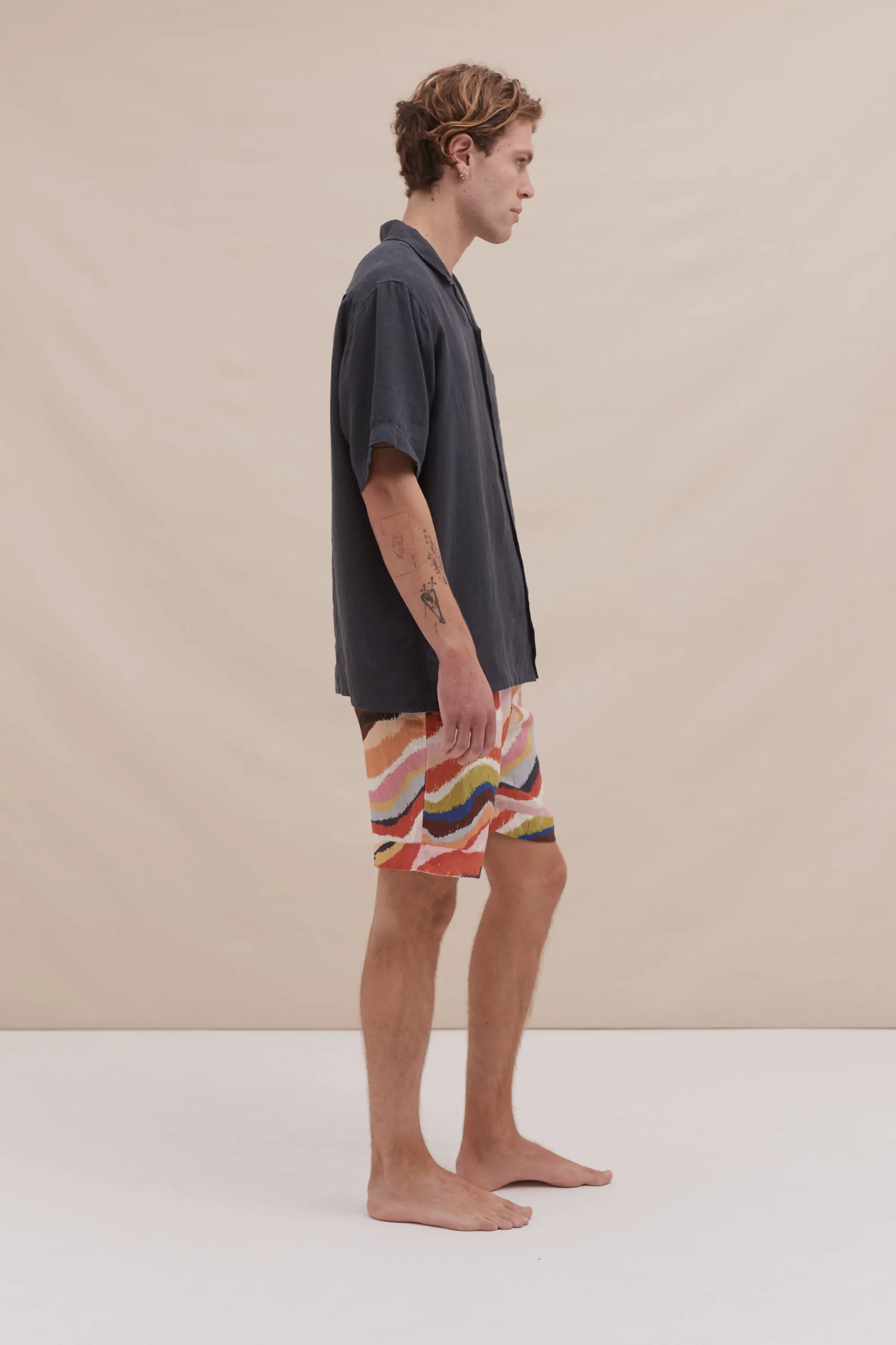 Men's Cuban Pyjama Set Plain/Tide Print Petrol/Multi Linen sold by Desmond & Dempsey product image thumbnail 2