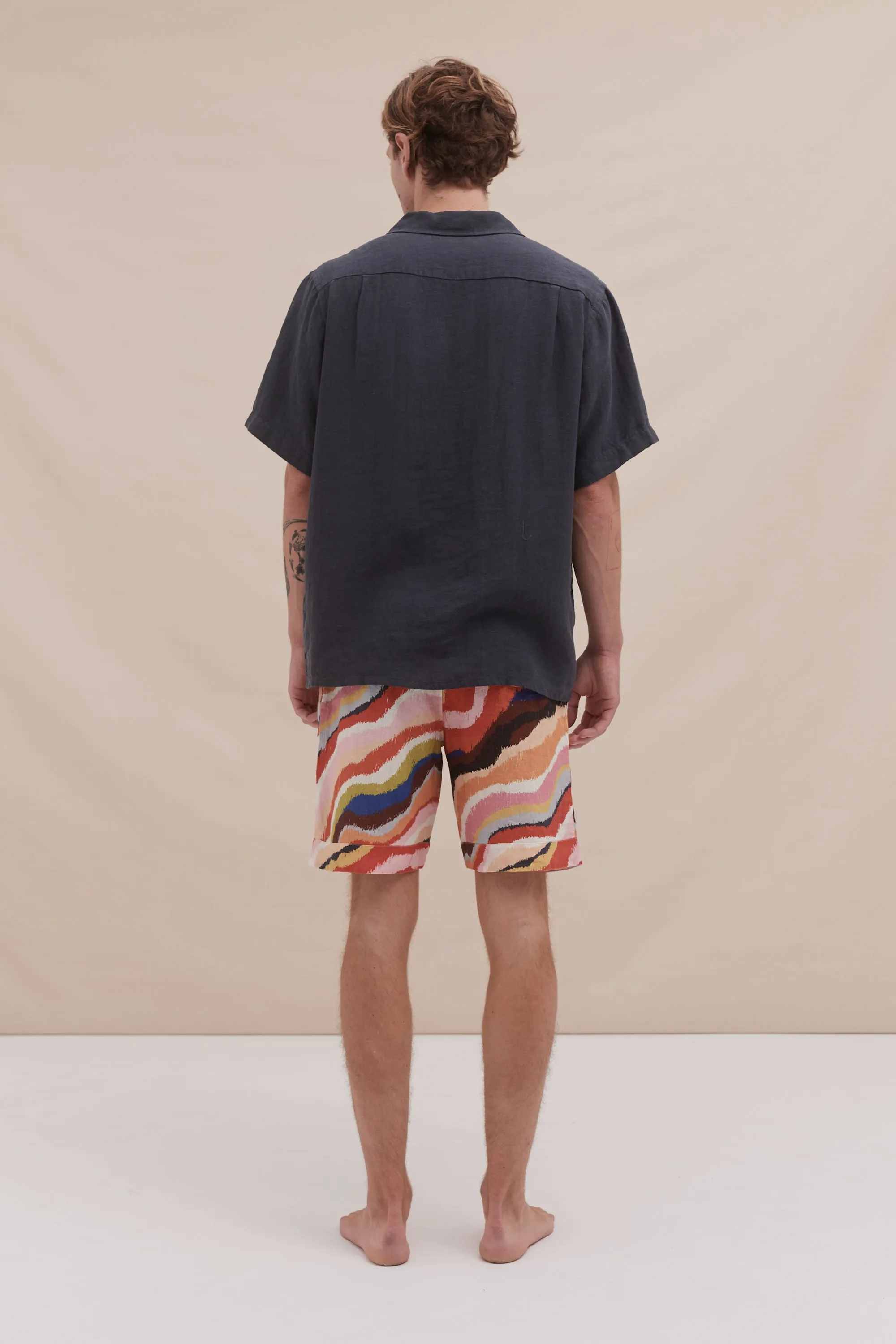 Men's Cuban Pyjama Set Plain/Tide Print Petrol/Multi Linen sold by Desmond & Dempsey product image thumbnail 3