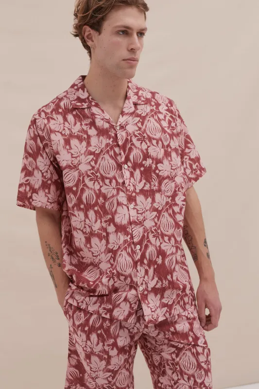 Men’s Cuban Pyjama Shirt Alma Fig Print Red/Pink sold by Desmond & Dempsey