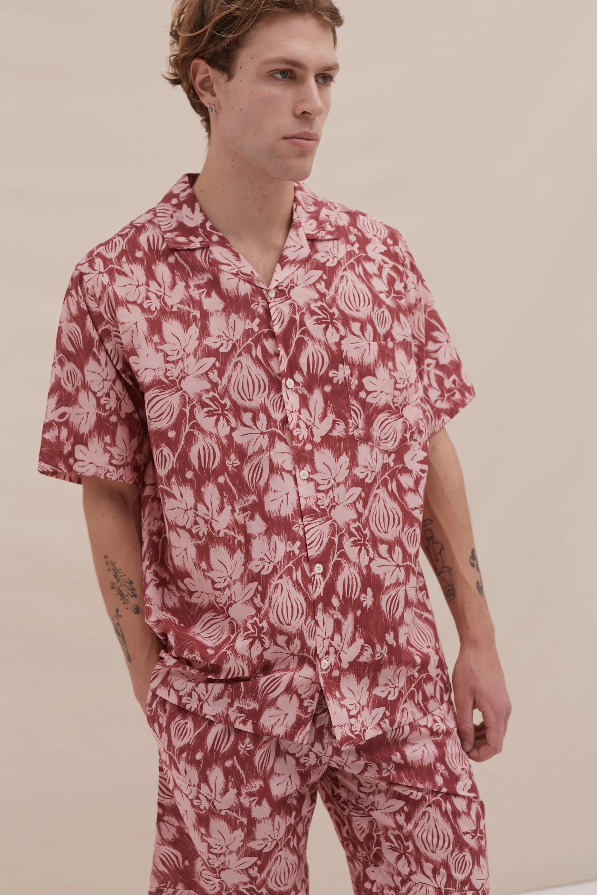 Men’s Cuban Pyjama Shirt Alma Fig Print Red/Pink sold by Desmond & Dempsey
