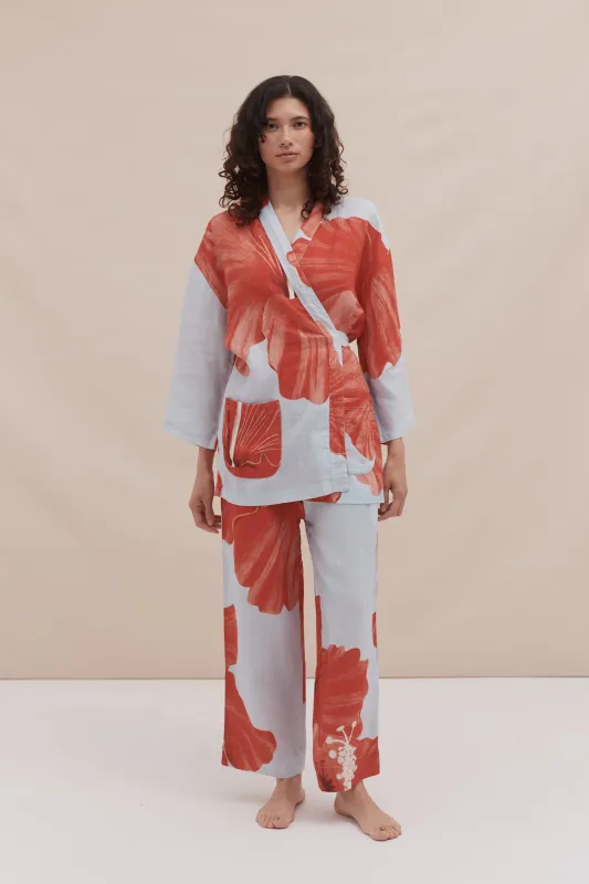 Wrap Set Grand Hibiscus Print Blue/Red Linen sold by Desmond & Dempsey