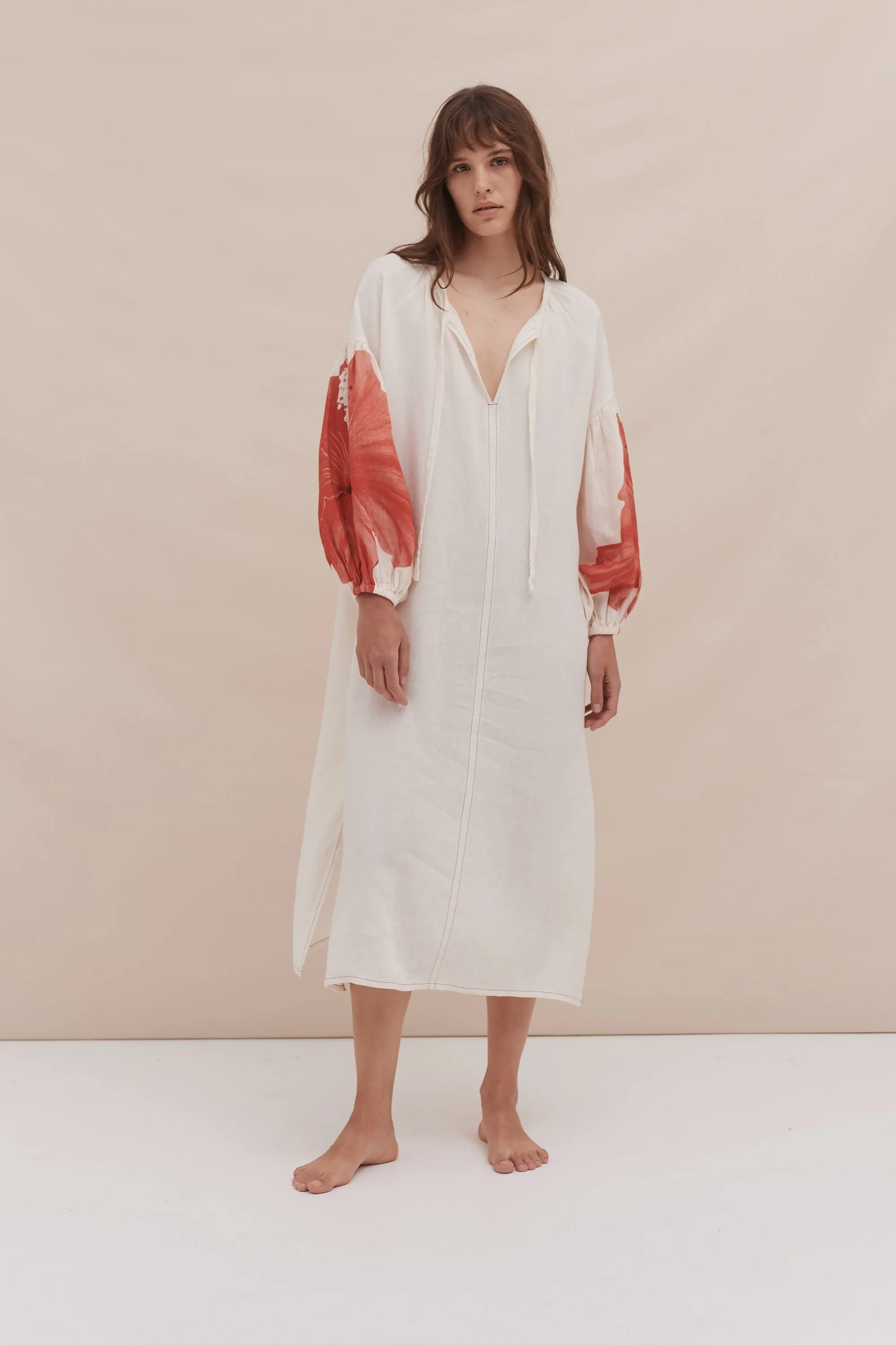 Blouson Sleeve Kaftan Grand Hibiscus Print Cream/Red Linen sold by Desmond & Dempsey